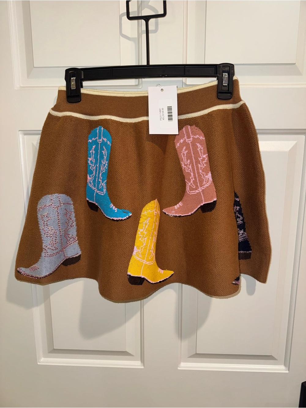 NWT QUEEN OF SPARKLES Brown Skirt with Multicolor Sequin Cowboy Boots XS